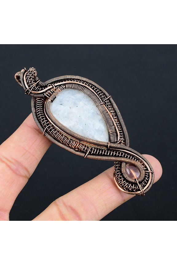 Natural Rainbow Moonstone,Rose Quartz Stone Copper Wire Wrap Pendant 3.54