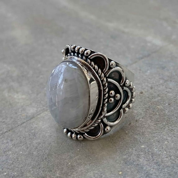 Natural Rainbow Moonstone Silver Ring