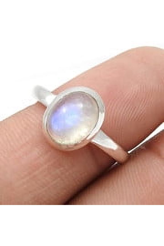 Natural Rainbow Moonstone Solid 925 Sterling Silver Band Crown Chakra Ring Size 7.5