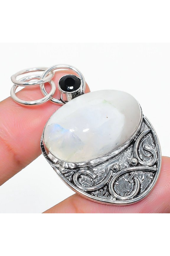 Natural Rainbow Moonstone, Spinel 925 Sterling Silver Gift Pendant 1.97"