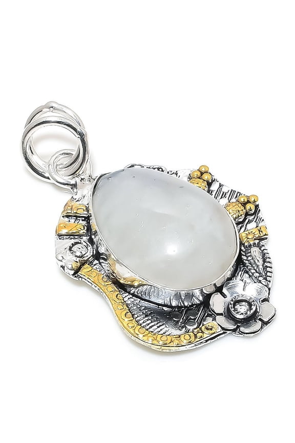 Natural Rainbow Moonstone Stone 925 Sterling Silver Two Tone Pendant 2.09"