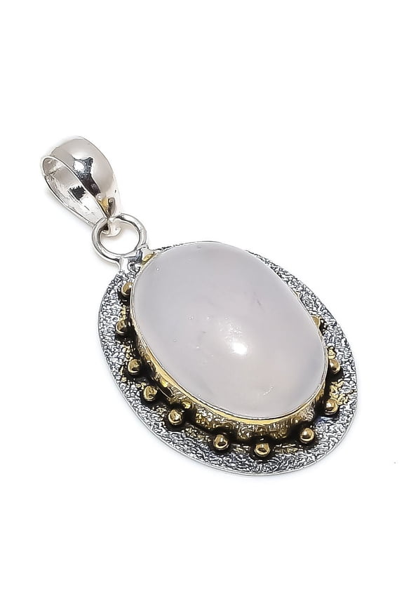Natural Rainbow Moonstone Stone 925 Sterling Silver Two Tone Pendant 2.13"
