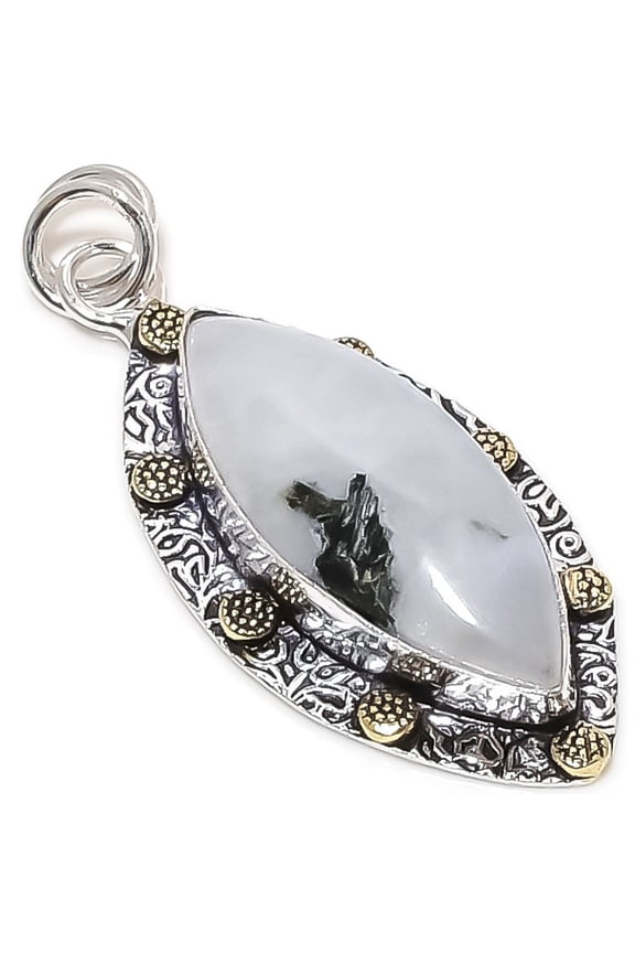 Natural Rainbow Moonstone Stone 925 Sterling Silver Two Tone Pendant 2.17"