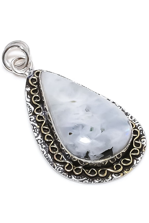 Natural Rainbow Moonstone Stone 925 Sterling Silver Two Tone Pendant 2.25"
