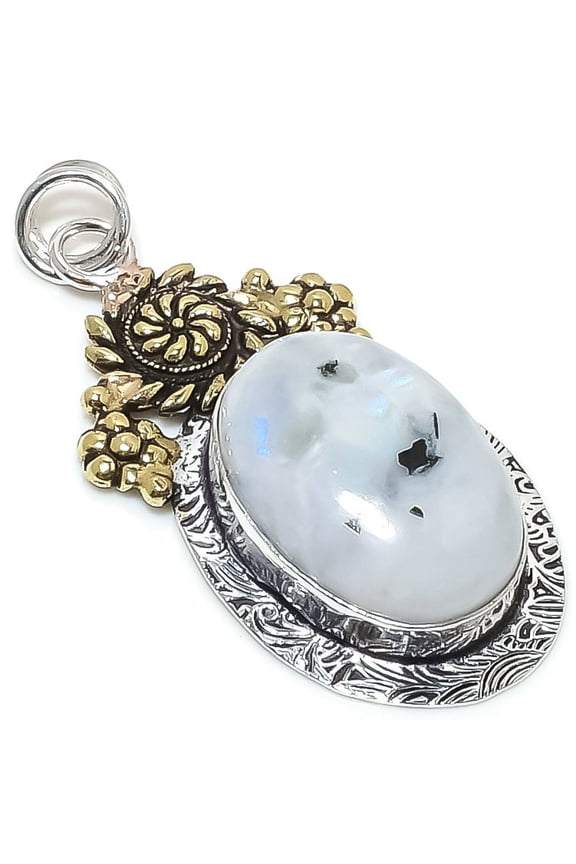 Natural Rainbow Moonstone Stone 925 Sterling Silver Two Tone Pendant 2.25"