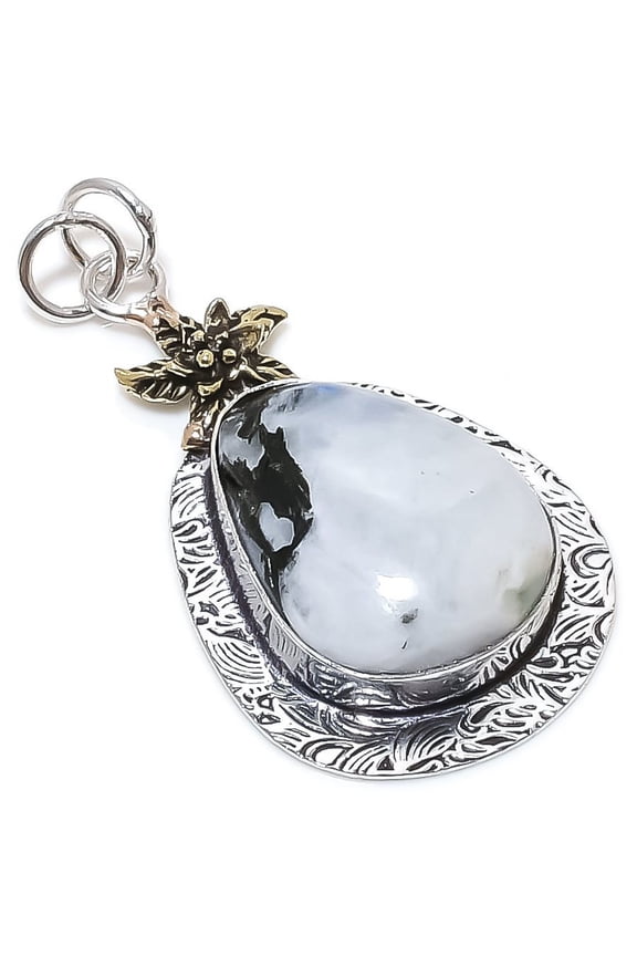 Natural Rainbow Moonstone Stone 925 Sterling Silver Two Tone Pendant 2.25"