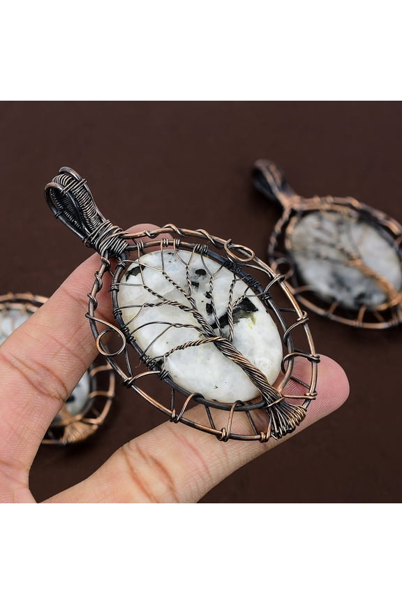 Natural Rainbow Moonstone Stone Copper Wire Wrap Tree Of Life Pendant 3.46"