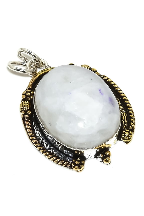 Natural Rainbow Moonstone Stone Tow Tone 925 Sterling Silver Pendant 1.77"