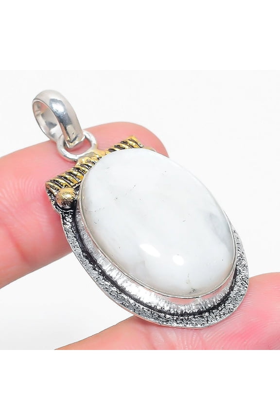 Natural Rainbow Moonstone Stone Two Tone 925 Sterling Silver Pendant 1.85"