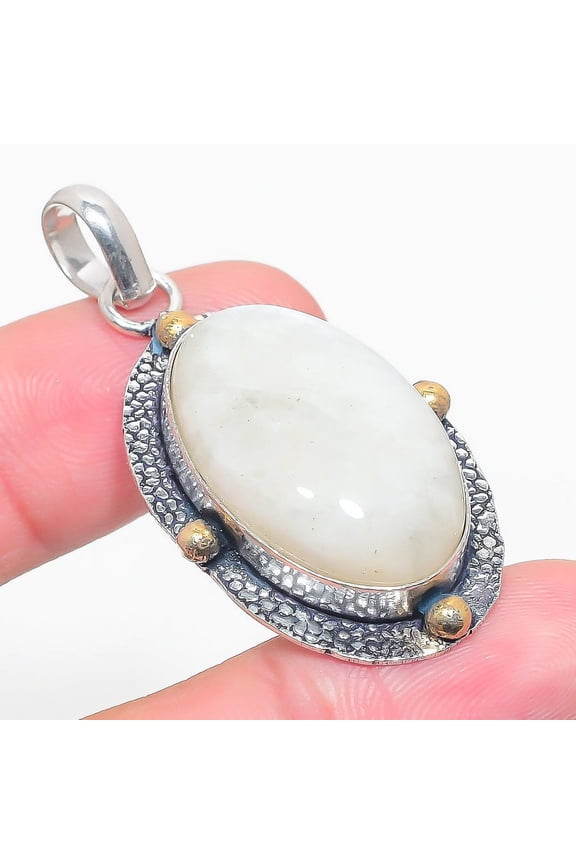 Natural Rainbow Moonstone Stone Two Tone 925 Sterling Silver Pendant 1.89"