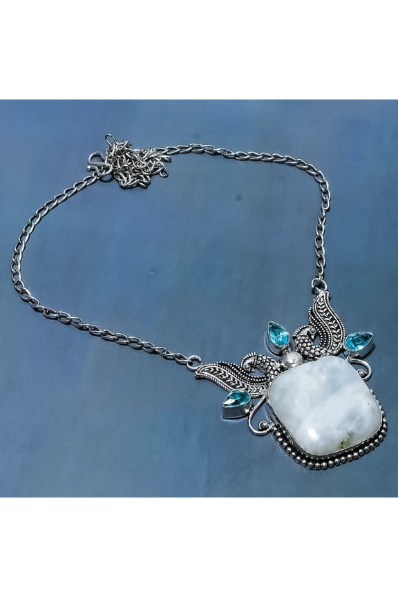 Natural Rainbow Moonstone, Topaz Gemstone 925 Sterling Silver Necklace 18"