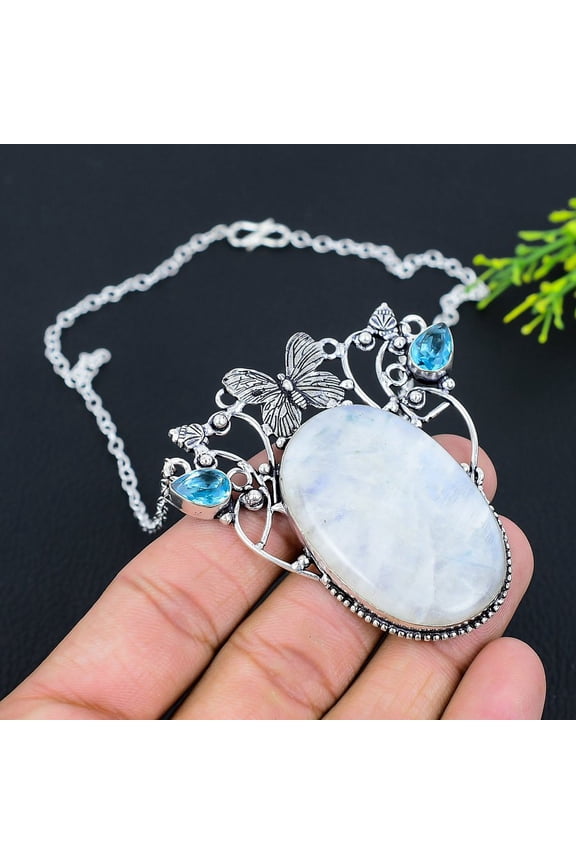 Natural Rainbow Moonstone, Topaz Gemstone 925 Sterling Silver Necklace 18"