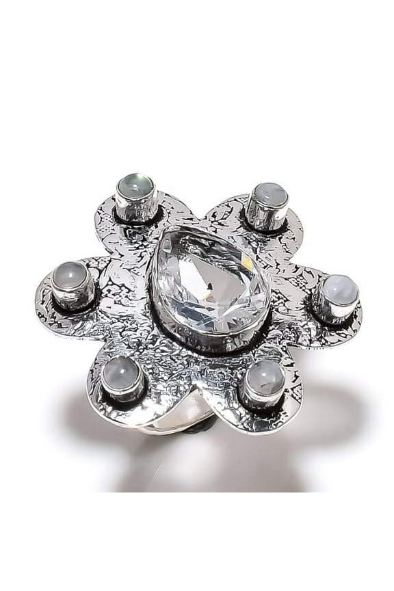 Natural Rainbow Moonstone, Topaz Gemstone 925 Sterling Silver Ring Size 6