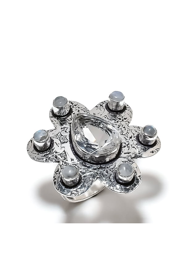 Natural Rainbow Moonstone, Topaz Gemstone 925 Sterling Silver Ring Size 7