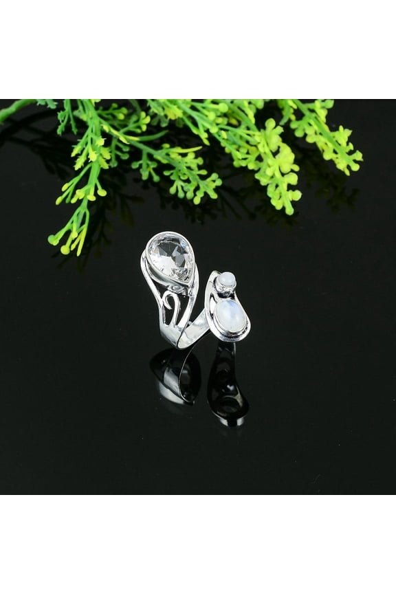 Natural Rainbow Moonstone, Topaz Gemstone 925 Sterling Silver Ring Size 9.5