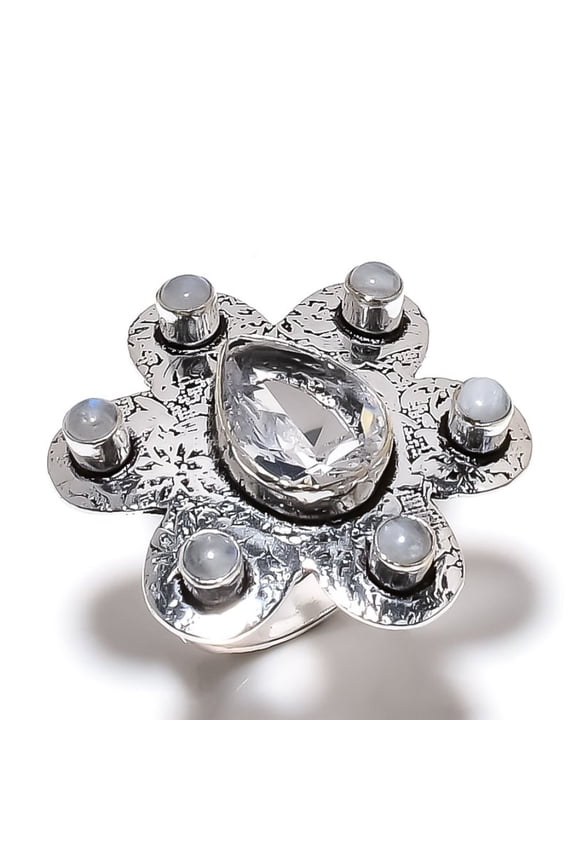 Natural Rainbow Moonstone, Topaz Gemstone 925 Sterling Silver Ring Size 9