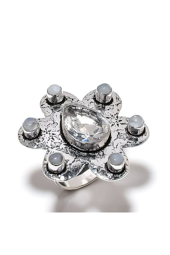 Natural Rainbow Moonstone, Topaz Gemstone 925 Sterling Silver Ring Size 9