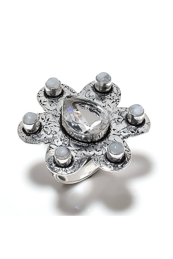 Natural Rainbow Moonstone, White Topaz 925 Sterling Silver Ring Size 10