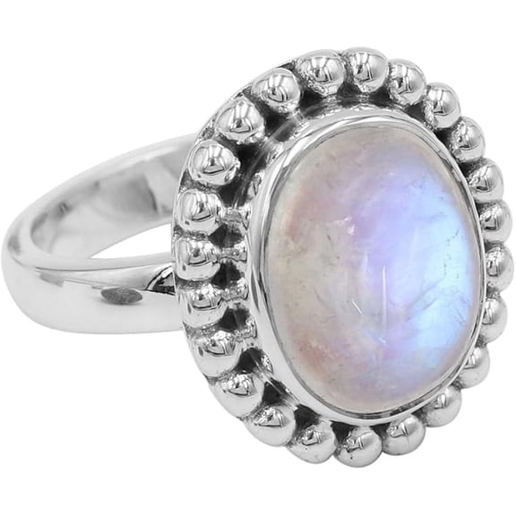 Natural Rainbow Moonstone Women Ring 925 Sterling Silver with Solid Boundary Design Ring