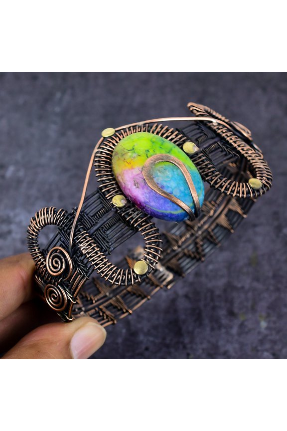 Natural Rainbow Solar Quartz Copper Wire Wrap Cuff Bangle Adjustable