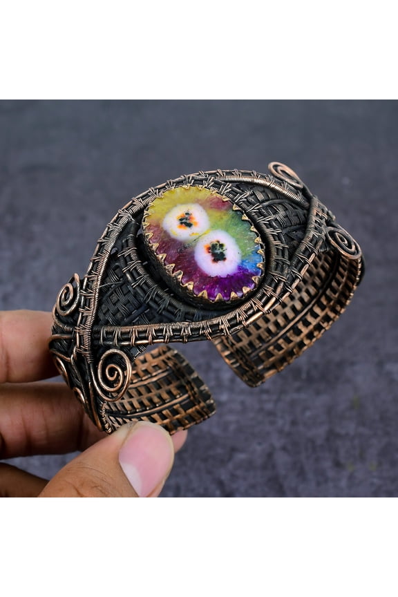 Natural Rainbow Solar Quartz Copper Wire Wrap Cuff Bangle Adjustable