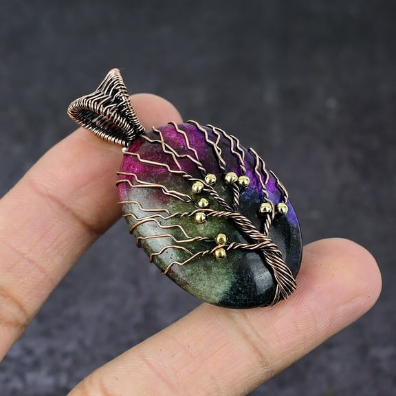 Natural Rainbow Solar Quartz Copper Wire Wrap Tree Of Life Pendant 2.17"