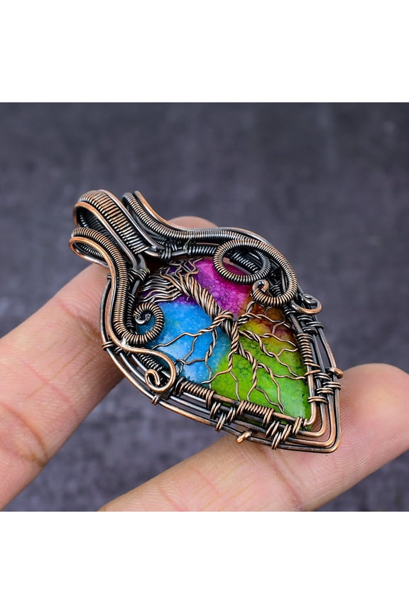 Natural Rainbow Solar Quartz Copper Wire Wrap Tree Of Life Pendant 2.44"