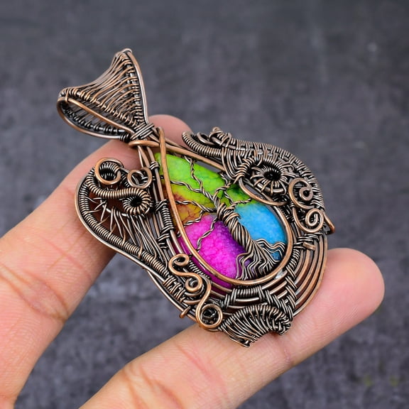 Natural Rainbow Solar Quartz Copper Wire Wrap Tree Of Life Pendant 2.76"