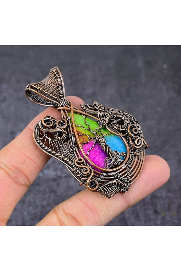 Natural Rainbow Solar Quartz Copper Wire Wrap Tree Of Life Pendant 2.76"