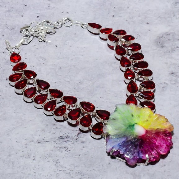 Natural Rainbow Solar Quartz, Garnet 925 Sterling Silver Necklace 18"