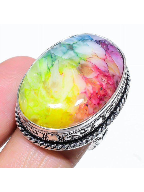 Natural Rainbow Solar Quartz Gemstone 925 Sterling Silver Ring Size 8