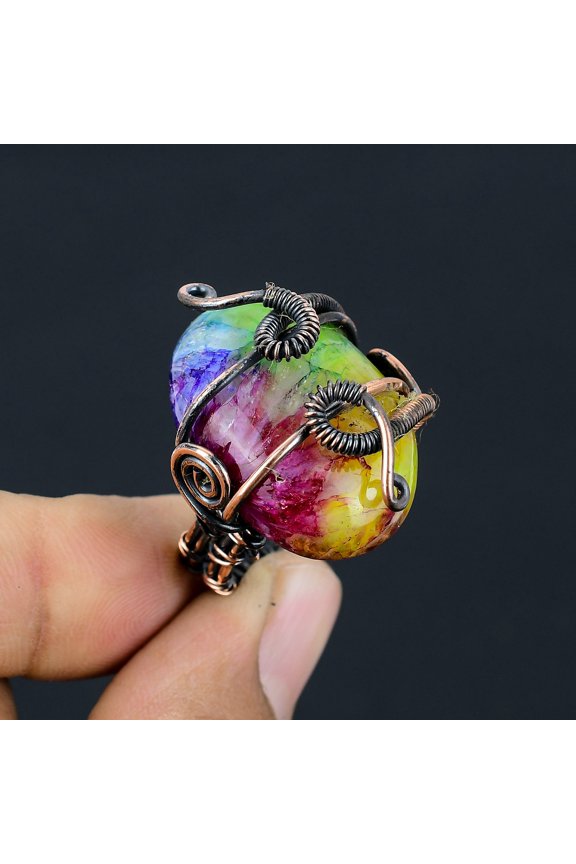 Natural Rainbow Solar Quartz Gemstone Handmade Copper Wire Wrap Ring S.7.5