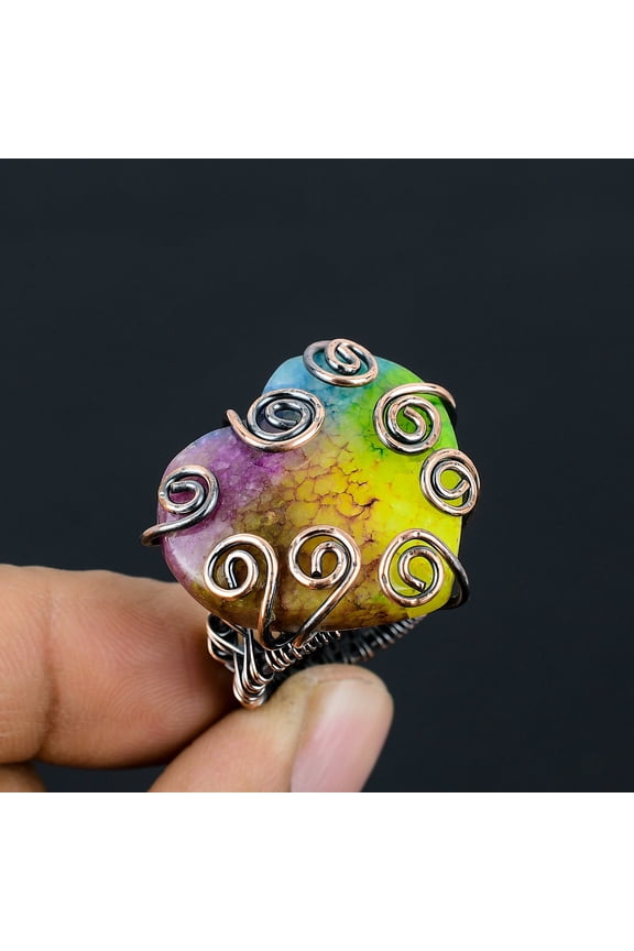 Natural Rainbow Solar Quartz Gemstone Handmade Copper Wire Wrap Ring S.7.5