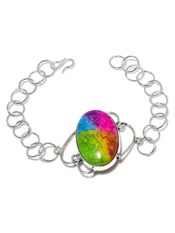 Natural Rainbow Solar Quartz Handmade 925 Sterling Silver Bracelet 7-8"