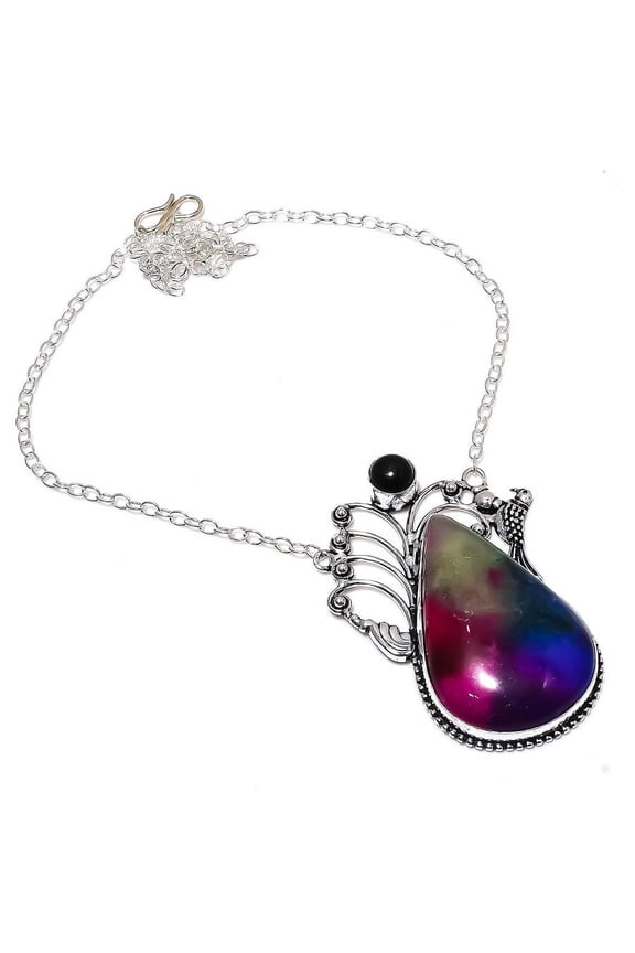 Natural Rainbow Solar Quartz,Onyx Gemstone 925 Sterling Silver Necklace 18"