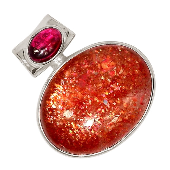Natural Rainbow Sunstone - Madagascar & Garnet 925 Silver Pendant ALLP-26989