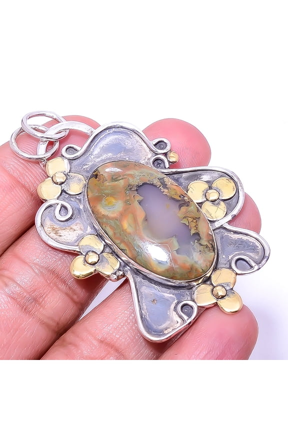 Natural Rainforest Jasper Oxidised Two Tone Gemstone 925 Silver Pendant 2.34" P6