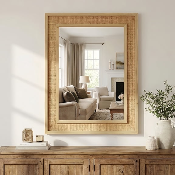 Natural Rattan 24x36 Inch Rectangular Wall Mirror with Solid Wood Frame,Farmhouse Style Decorative Accent for Bathroom,Entryway,Living Room,or Hallway,Durable,Easy to Hang