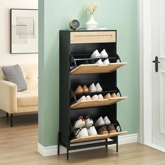 Natural Rattan 3 Flip Door with 1 Drawer Shoe Cabinet Organizer Freestanding, Shoe Rack Storage Cabinet for Entryway with 3-Tier Adjustable Shelves for Slippers, Sneakers, Heels, Boots