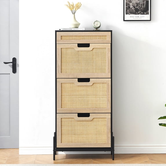Natural Rattan 3 Flip Drawer Shoe Cabinet, Shoe Cabinet for Entryway, Narrow Shoe Storage Cabinet, Wood 3 Tier Slim Shoe Rack with 3-Tier Adjustable Shelves for Entryway