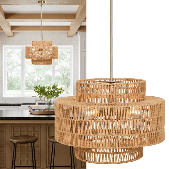 Natural Rattan 3-Tier Chandelier Lampshade, Hand-Woven Drum Pendant Light For Ceiling, 4 E26 Bulb Sockets, Warm Boho Style Lighting