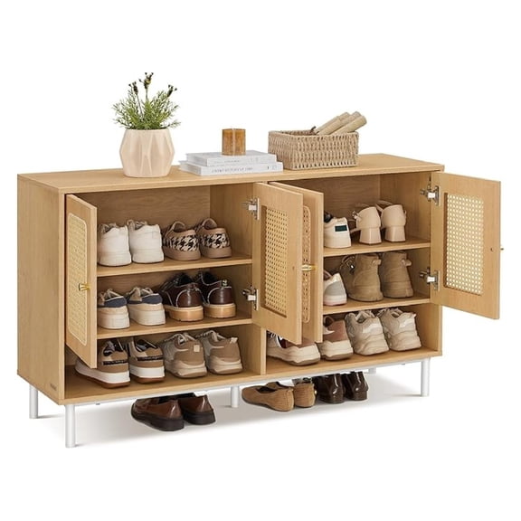 Natural Rattan 3-Tier Shoe Cabinet, 24 Pair Shoe Storage Cabinet, Boho Style Shoe Organizer with Height-Adjustable Shelves and Steel Legs, for Entryway, Closet, Hallway, Oak Beige ULBC050N01