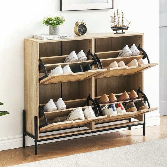 Natural Rattan 4 Flip Door Shoe Cabinet Organizer Freestanding, Shoe Rack Storage Cabinet for Entryway with 3-Tier Adjustable Shelves for Slippers, Boots