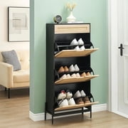 Natural Rattan 4 Flip Door Shoe Cabinet Organizer Freestanding, Shoe Rack Storage Cabinet for Entryway with 3-Tier Adjustable Shelves for Slippers, Sneakers, Heels, Boots
