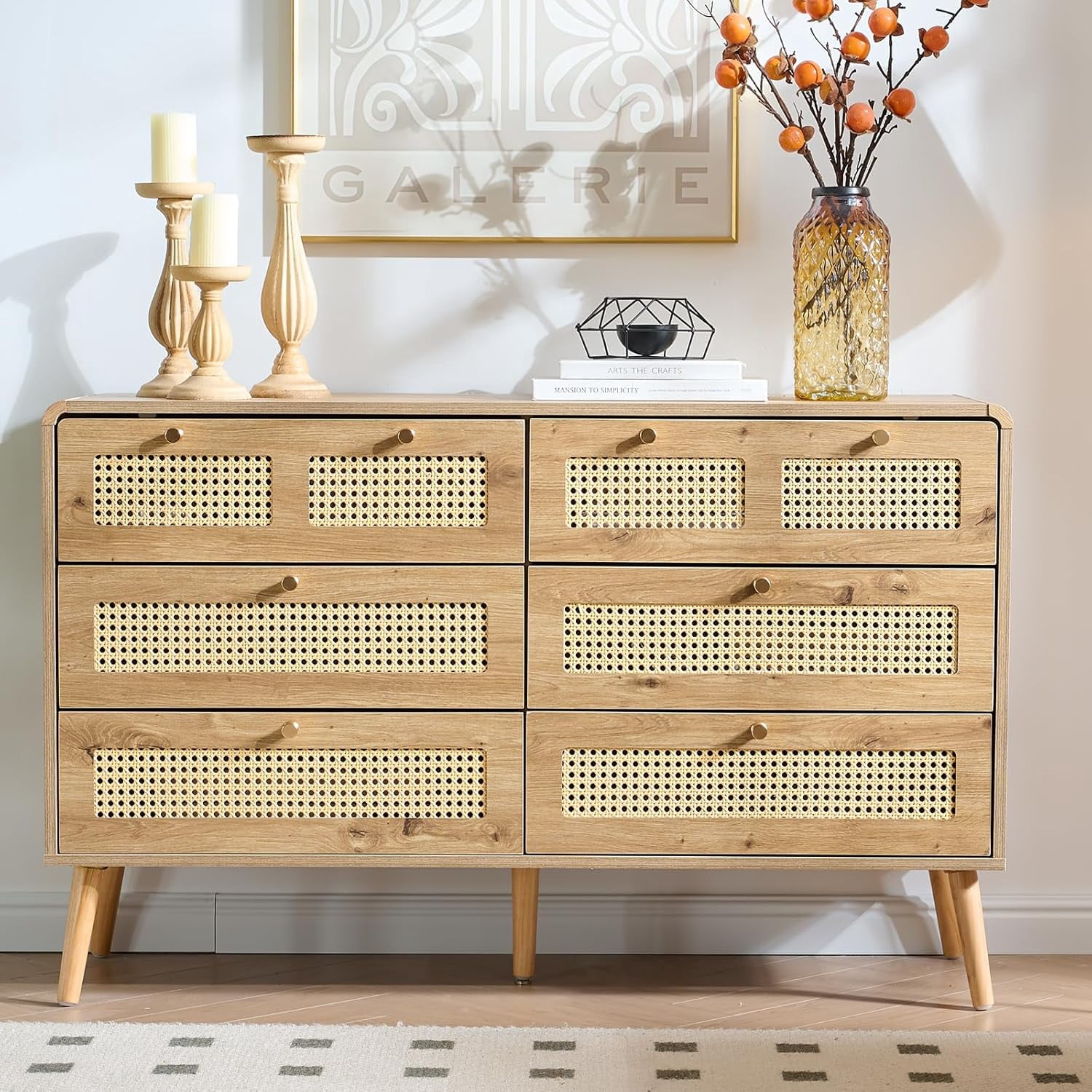 Living Roon Drawer Natural Rattan 6 Drawer Dresser for Bedroom, 47