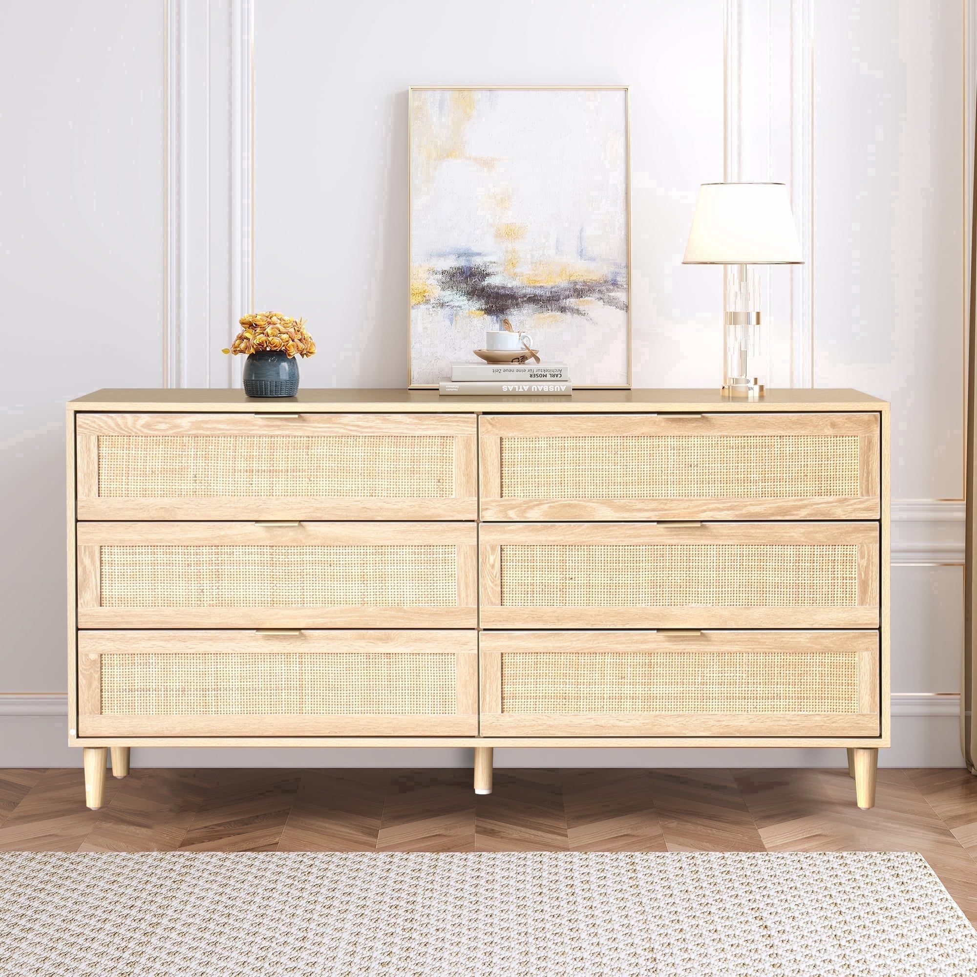 Natural Rattan 6-drawer Storage Cabinet, Wood Dresser with Rattan ...