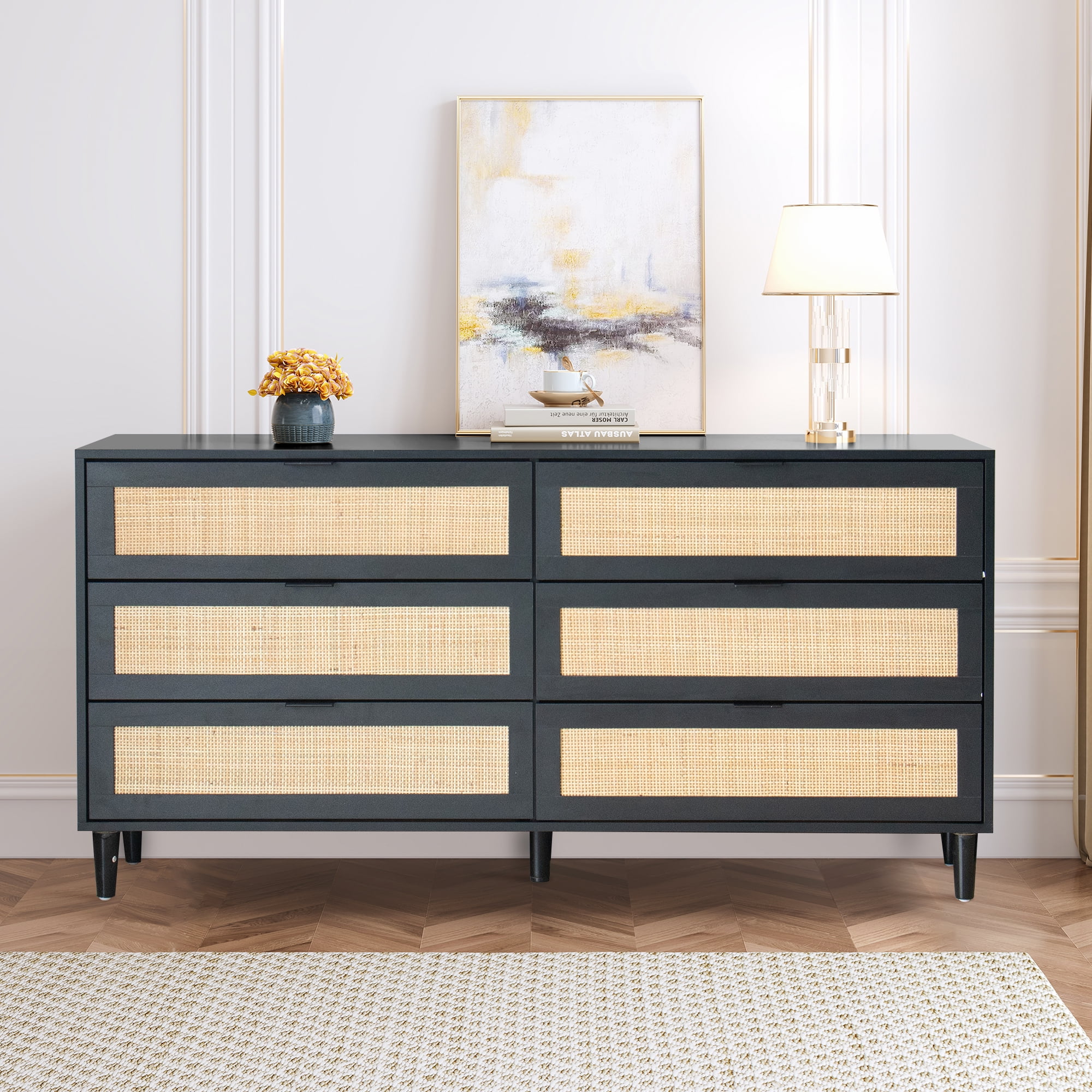Natural Rattan 6-drawer Storage Cabinet, Wood Dresser with Rattan ...
