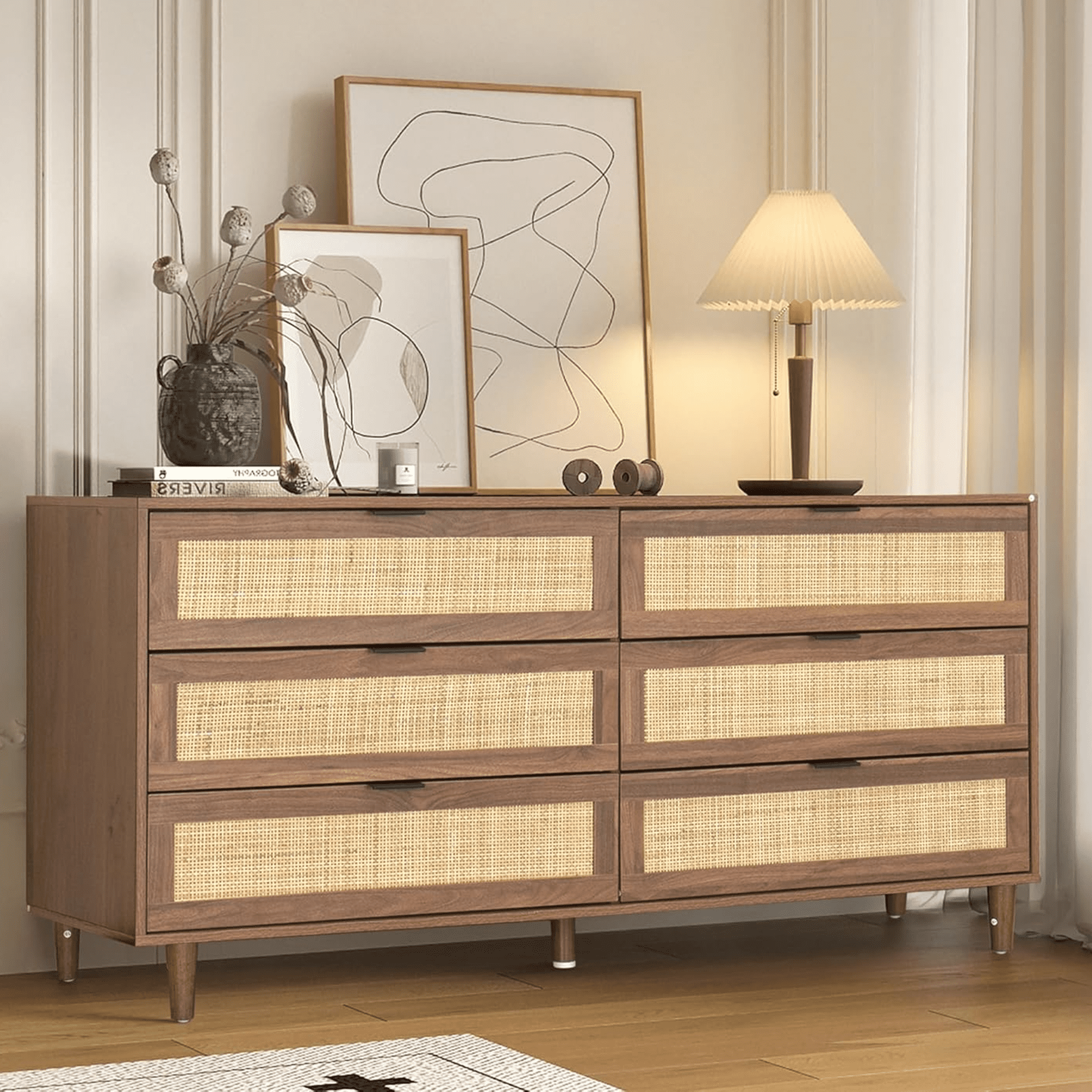 Natural Rattan 6-drawer Storage Cabinet, Wood Dresser with Rattan ...