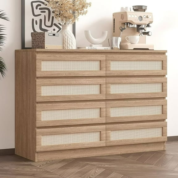 Natural Rattan 8 Drawer Dresser, Boho Double Dresser Chest of Drawers, Modern Large Dressers Storage Cabinet for Living Room, Hallway, Entryway