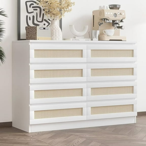 Natural Rattan 8 Drawer Dresser, Boho Double Dresser Chest of Drawers, Modern Large Dressers Storage Cabinet for Living Room, Hallway, Entryway